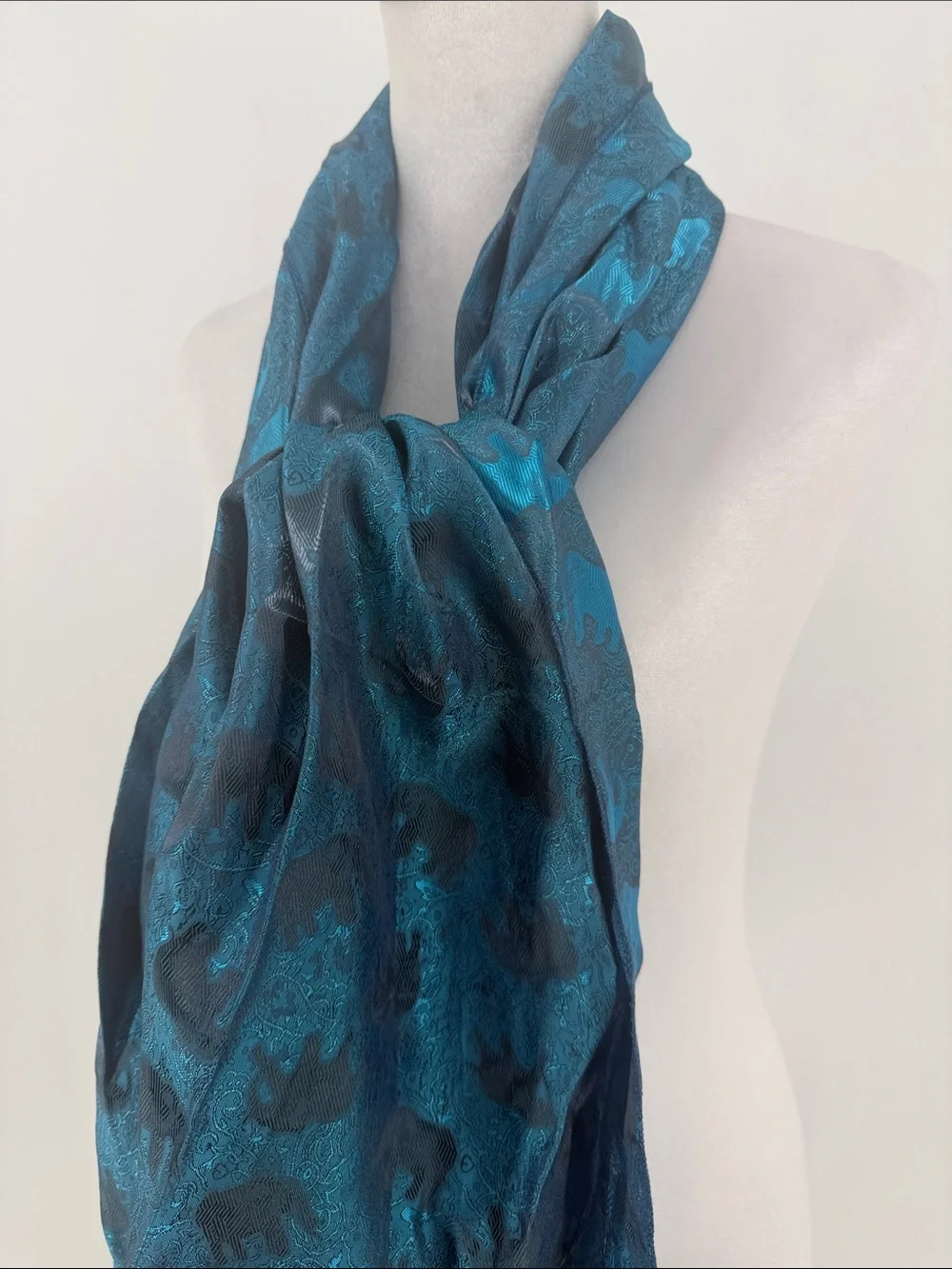 100% Silk Elephant Paisley Jacquard Scarf Shawl Teal Blue Fringe